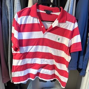 Pink and White Striped Polo Shirt